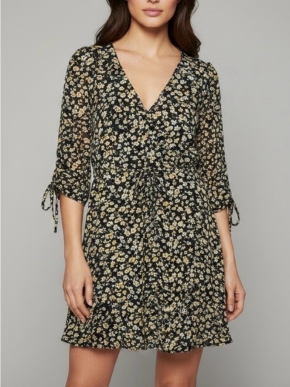 Hayden Los Angeles Boho Black Ditsy Tie Sleeve Ruched Floral Mini Dress Sz Small